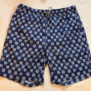Peter Millar Seaside Navy White Leaf-Print Performance Swim Shorts Sz L